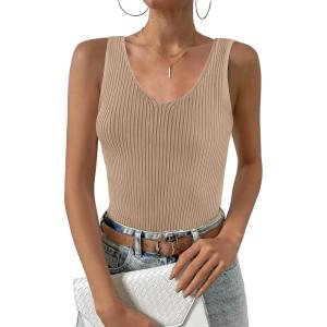 imageZeagoo Womens Ribbed Tank Tops 2024 V Neck Slim Fit Knit Sleeveless Shirts Casual Basic TeeKhaki