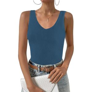 imageZeagoo Womens Ribbed Tank Tops 2024 V Neck Slim Fit Knit Sleeveless Shirts Casual Basic TeeNavy Blue