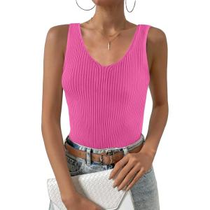 imageZeagoo Womens Ribbed Tank Tops 2024 V Neck Slim Fit Knit Sleeveless Shirts Casual Basic TeePeach Pink