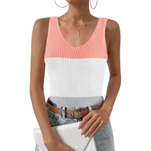 imageZeagoo Womens Ribbed Tank Tops 2024 V Neck Slim Fit Knit Sleeveless Shirts Casual Basic TeePink White Gray Stripe
