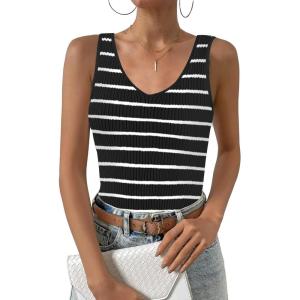 imageZeagoo Womens Ribbed Tank Tops 2024 V Neck Slim Fit Knit Sleeveless Shirts Casual Basic TeeTw102black White Stripe