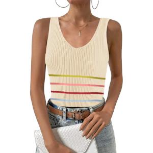 imageZeagoo Womens Ribbed Tank Tops 2024 V Neck Slim Fit Knit Sleeveless Shirts Casual Basic TeeTw231colorful Stripe