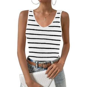 imageZeagoo Womens Ribbed Tank Tops 2024 V Neck Slim Fit Knit Sleeveless Shirts Casual Basic TeeTw516white Black Stripe