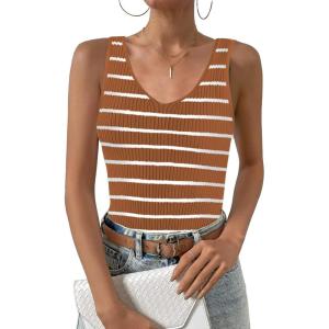 imageZeagoo Womens Ribbed Tank Tops 2024 V Neck Slim Fit Knit Sleeveless Shirts Casual Basic TeeTw532brown White Stripe