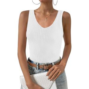 imageZeagoo Womens Ribbed Tank Tops 2024 V Neck Slim Fit Knit Sleeveless Shirts Casual Basic TeeWhite