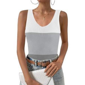 imageZeagoo Womens Ribbed Tank Tops 2024 V Neck Slim Fit Knit Sleeveless Shirts Casual Basic TeeWhite Gray Stripe