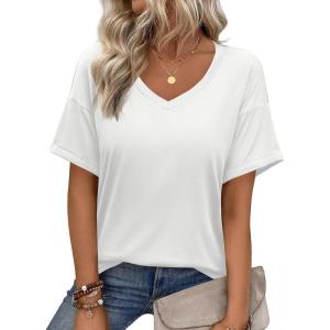 imageZeagoo Womens Summer Tops Short Sleeve Casual Shirts Floral Tee Trendy 2025 Basics V Neck Plain TshirtAwhite