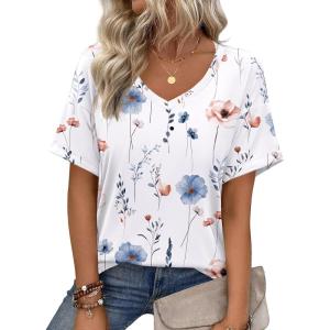 imageZeagoo Womens Summer Tops Short Sleeve Casual Shirts Floral Tee Trendy 2025 Basics V Neck Plain TshirtBf112