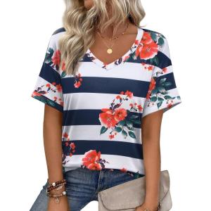 imageZeagoo Womens Summer Tops Short Sleeve Casual Shirts Floral Tee Trendy 2025 Basics V Neck Plain TshirtBf98