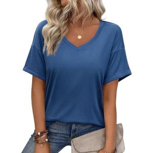 imageZeagoo Womens Summer Tops Short Sleeve Casual Shirts Floral Tee Trendy 2025 Basics V Neck Plain TshirtBlue