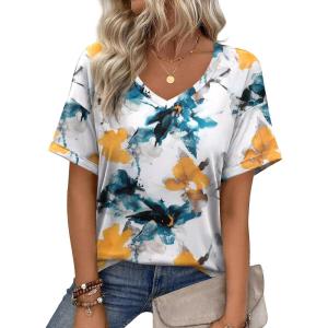 imageZeagoo Womens Summer Tops Short Sleeve Casual Shirts Floral Tee Trendy 2025 Basics V Neck Plain TshirtDh637