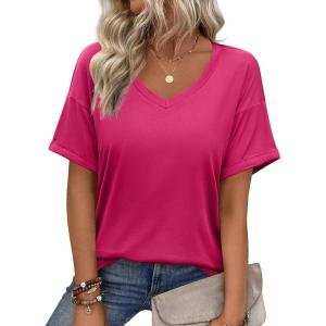 imageZeagoo Womens Summer Tops Short Sleeve Casual Shirts Floral Tee Trendy 2025 Basics V Neck Plain TshirtHot Pink