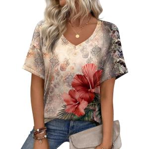 imageZeagoo Womens Summer Tops Short Sleeve Casual Shirts Floral Tee Trendy 2025 Basics V Neck Plain TshirtPa275