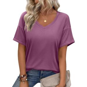 imageZeagoo Womens Summer Tops Short Sleeve Casual Shirts Floral Tee Trendy 2025 Basics V Neck Plain TshirtPurple