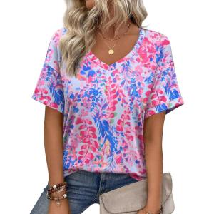 imageZeagoo Womens Summer Tops Short Sleeve Casual Shirts Floral Tee Trendy 2025 Basics V Neck Plain TshirtWf39