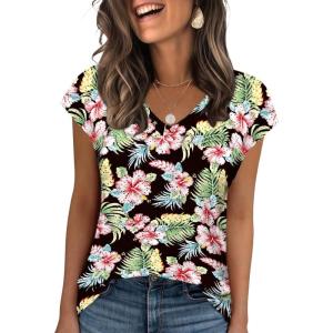 imageZeagoo 2025 Womens Tank Top V Neck Eyelet T Shirts Cap Sleeve Tops Loose Fit Blouses Dressy Casual Summer Basic ShirtsAfloral Hibiscus Blue 2