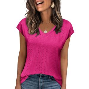 imageZeagoo 2025 Womens Tank Top V Neck Eyelet T Shirts Cap Sleeve Tops Loose Fit Blouses Dressy Casual Summer Basic ShirtsCherryred 1