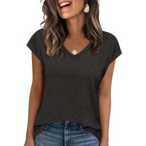 imageZeagoo 2025 Womens Tank Top V Neck Eyelet T Shirts Cap Sleeve Tops Loose Fit Blouses Dressy Casual Summer Basic ShirtsDblack 2