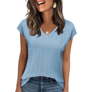 imageZeagoo 2025 Womens Tank Top V Neck Eyelet T Shirts Cap Sleeve Tops Loose Fit Blouses Dressy Casual Summer Basic ShirtsDblue 1