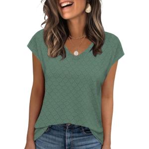 imageZeagoo 2025 Womens Tank Top V Neck Eyelet T Shirts Cap Sleeve Tops Loose Fit Blouses Dressy Casual Summer Basic ShirtsGreen 2