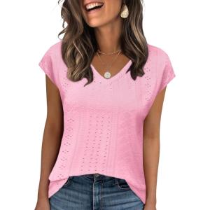 imageZeagoo 2025 Womens Tank Top V Neck Eyelet T Shirts Cap Sleeve Tops Loose Fit Blouses Dressy Casual Summer Basic ShirtsLight Pink