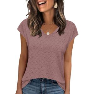 imageZeagoo 2025 Womens Tank Top V Neck Eyelet T Shirts Cap Sleeve Tops Loose Fit Blouses Dressy Casual Summer Basic ShirtsPink2