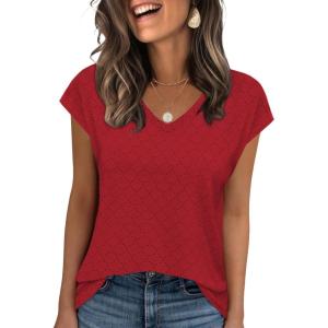 imageZeagoo 2025 Womens Tank Top V Neck Eyelet T Shirts Cap Sleeve Tops Loose Fit Blouses Dressy Casual Summer Basic ShirtsRed2