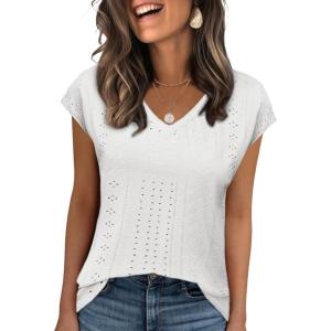 imageZeagoo 2025 Womens Tank Top V Neck Eyelet T Shirts Cap Sleeve Tops Loose Fit Blouses Dressy Casual Summer Basic ShirtsWhite 1