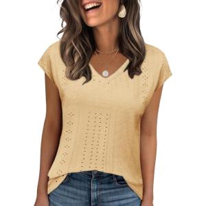 imageZeagoo 2025 Womens Tank Top V Neck Eyelet T Shirts Cap Sleeve Tops Loose Fit Blouses Dressy Casual Summer Basic ShirtsYellow 1