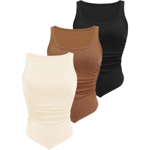 imageZeagoo Ribbed Tank Tops for Women 3 Pack Sleeveless Scoop Neck Ruched Cute Summer ShirtsBlack  Brown  Beige