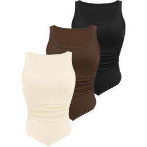 imageZeagoo Ribbed Tank Tops for Women 3 Pack Sleeveless Scoop Neck Ruched Cute Summer ShirtsBlack  Coffee  Beige