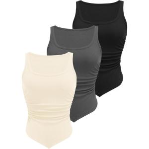 imageZeagoo Ribbed Tank Tops for Women 3 Pack Sleeveless Scoop Neck Ruched Cute Summer ShirtsBlack  Dark Grey  Beige