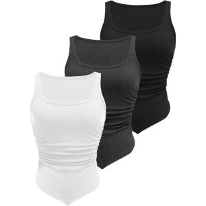 imageZeagoo Ribbed Tank Tops for Women 3 Pack Sleeveless Scoop Neck Ruched Cute Summer ShirtsBlack  Dark Grey  White