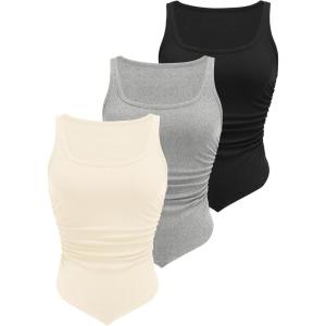 imageZeagoo Ribbed Tank Tops for Women 3 Pack Sleeveless Scoop Neck Ruched Cute Summer ShirtsBlack  Grey  Beige