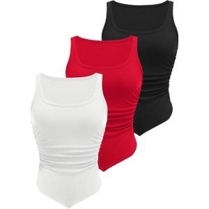 imageZeagoo Ribbed Tank Tops for Women 3 Pack Sleeveless Scoop Neck Ruched Cute Summer ShirtsBlack  Red  White