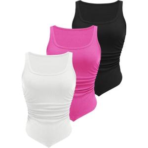 imageZeagoo Ribbed Tank Tops for Women 3 Pack Sleeveless Scoop Neck Ruched Cute Summer ShirtsBlack  Rose  White