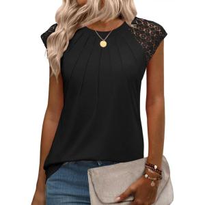 imageZeagoo Womens Lace Cap Sleeve Tops Pleated Crewneck Summer Tank Tops 2025 Dressy Casual Sleeveless Shirts BlouseBlack