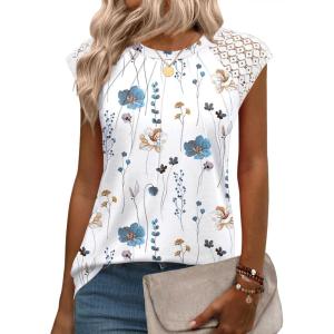 imageZeagoo Womens Lace Cap Sleeve Tops Pleated Crewneck Summer Tank Tops 2025 Dressy Casual Sleeveless Shirts BlouseBlue Flower