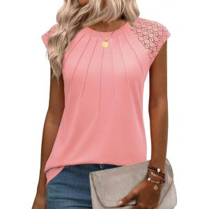 imageZeagoo Womens Lace Cap Sleeve Tops Pleated Crewneck Summer Tank Tops 2025 Dressy Casual Sleeveless Shirts BlouseCoral Pink