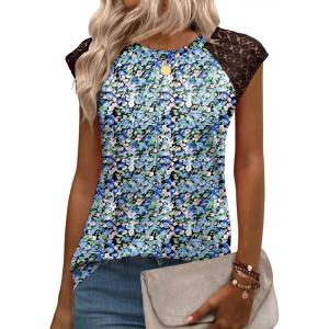 imageZeagoo Womens Lace Cap Sleeve Tops Pleated Crewneck Summer Tank Tops 2025 Dressy Casual Sleeveless Shirts BlouseFloral Blue