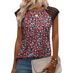 imageZeagoo Womens Lace Cap Sleeve Tops Pleated Crewneck Summer Tank Tops 2025 Dressy Casual Sleeveless Shirts BlouseFloral Daisies