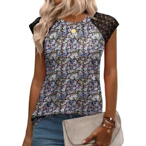 imageZeagoo Womens Lace Cap Sleeve Tops Pleated Crewneck Summer Tank Tops 2025 Dressy Casual Sleeveless Shirts BlouseFloral Green
