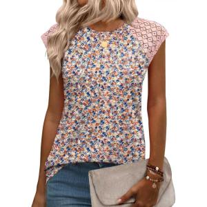 imageZeagoo Womens Lace Cap Sleeve Tops Pleated Crewneck Summer Tank Tops 2025 Dressy Casual Sleeveless Shirts BlouseFloral Pink