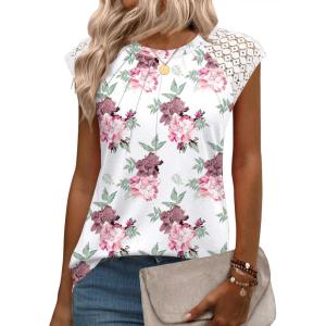 imageZeagoo Womens Lace Cap Sleeve Tops Pleated Crewneck Summer Tank Tops 2025 Dressy Casual Sleeveless Shirts BlouseFloral White