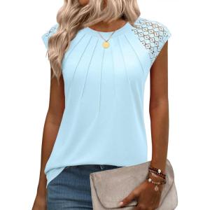 imageZeagoo Womens Lace Cap Sleeve Tops Pleated Crewneck Summer Tank Tops 2025 Dressy Casual Sleeveless Shirts BlouseLight Blue