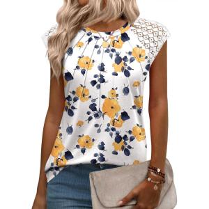 imageZeagoo Womens Lace Cap Sleeve Tops Pleated Crewneck Summer Tank Tops 2025 Dressy Casual Sleeveless Shirts BlouseMulticolor Floral