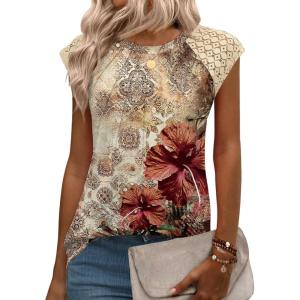 imageZeagoo Womens Lace Cap Sleeve Tops Pleated Crewneck Summer Tank Tops 2025 Dressy Casual Sleeveless Shirts BlouseRed Flower