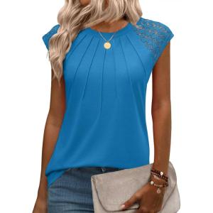 imageZeagoo Womens Lace Cap Sleeve Tops Pleated Crewneck Summer Tank Tops 2025 Dressy Casual Sleeveless Shirts BlouseRoyal Blue