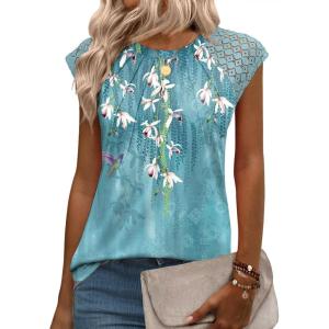 imageZeagoo Womens Lace Cap Sleeve Tops Pleated Crewneck Summer Tank Tops 2025 Dressy Casual Sleeveless Shirts BlouseWhite Flower