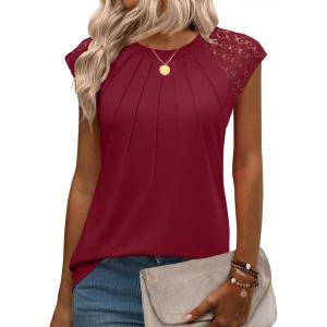 imageZeagoo Womens Lace Cap Sleeve Tops Pleated Crewneck Summer Tank Tops 2025 Dressy Casual Sleeveless Shirts BlouseWine Red